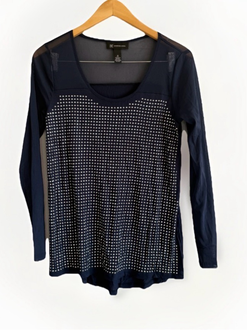 INC International Concepts Studded Mesh Long Sleeve Top Medium M Navy